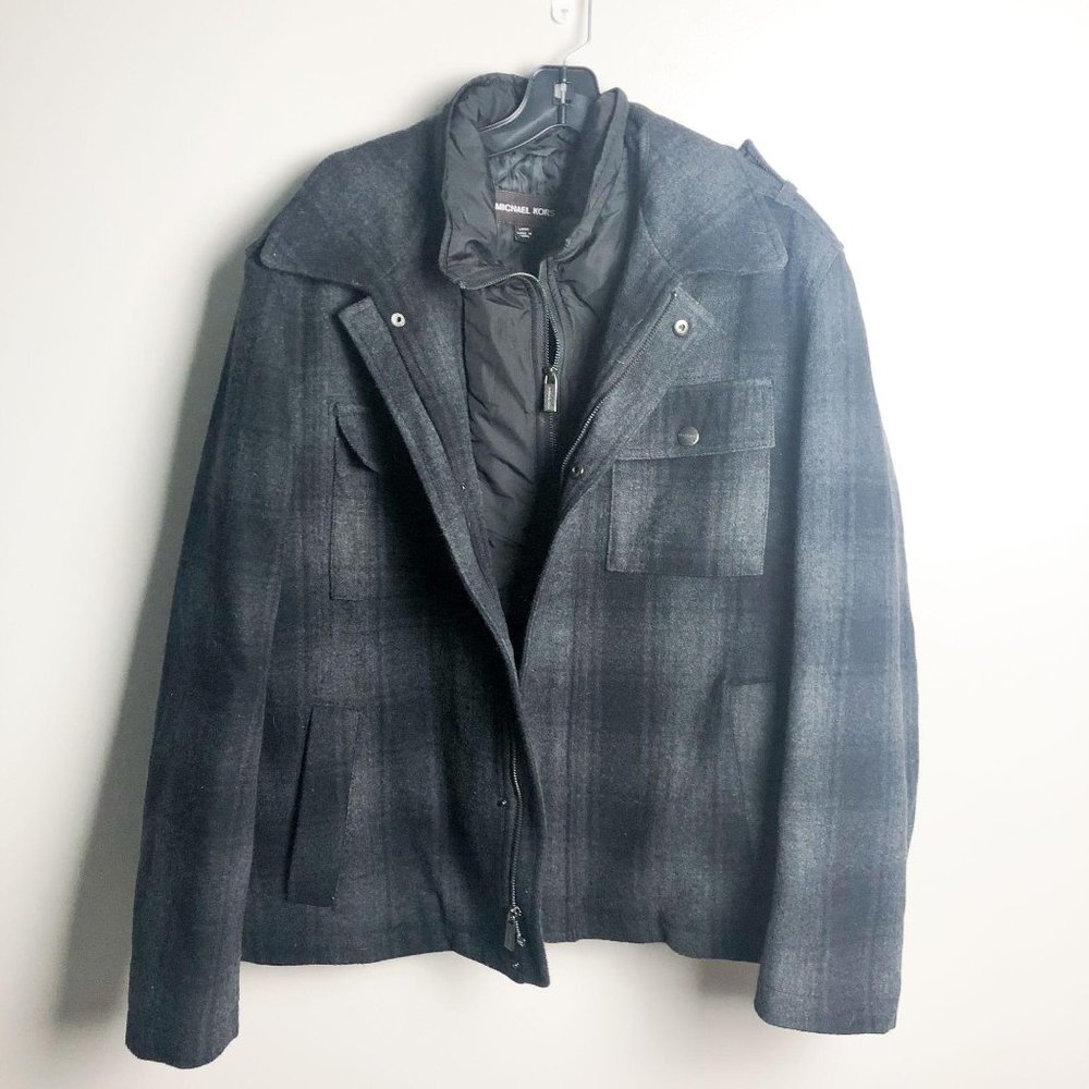 Michael Kors Buffalo Plaid Wool Coat Mens Large Black Gray